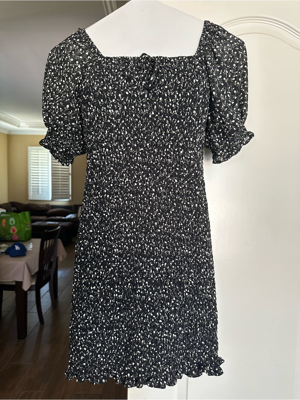 Smocked Puff-Sleeve Black Floral Mini Dress